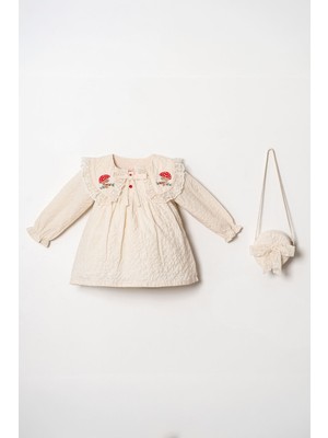 Miniğimin Cicileri Mantar Nakışlı Çantalı Kız Bebek Elbise 2’li Takım (1–4 Yaş) - Krem