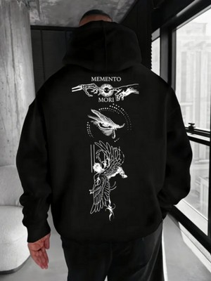 Nevermind Unisex Oversize Memento Mori Baskılı Siyah Hoodie – Tarz Streetwear Kapüşonlu Sweatshirt