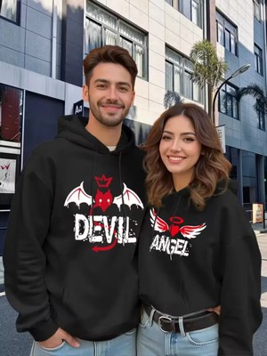 Nevermind Sevgili Çift Kombin Devil & Angel Baskılı Renk Kapüşonlu Sweatshirt 2li Set Takım 3 Iplik Pamuk