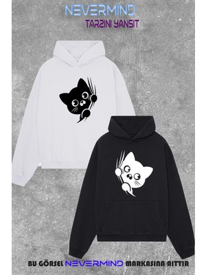 Nevermind Çift Kombini Sweatshirt Seti – 3 Iplik Oversize Kedi Desenli Hoodie Unisex