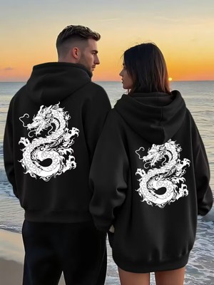 Nevermind Sevgili Çift Kombini Dragon Desenli Hoodie Kapüşonlu Sweatshirt 2li Set Takım 3 Iplik Pamuk
