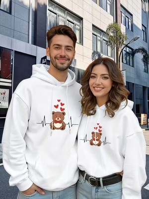 Nevermind Sevgili Çift Kombini Ayıcık Kalpli Hoodie Kapüşonlu Sweatshirt 2li Set Takım 3 Iplik Pamuk