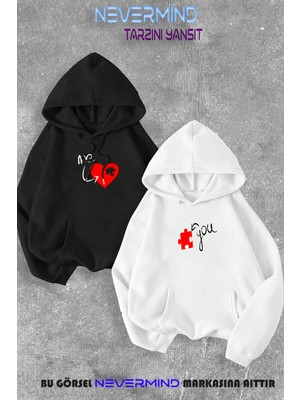 Nevermind Sevgili Çift Kombini Me&you Puzzle Baskılı Kapüşonlu Sweatshirt 2li Set Takım