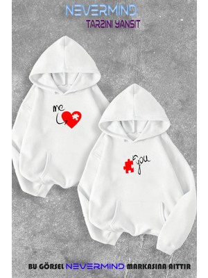 Nevermind Sevgili Çift Kombini Me&you Puzzle Baskılı Kapüşonlu Sweatshirt 2li Set Takım