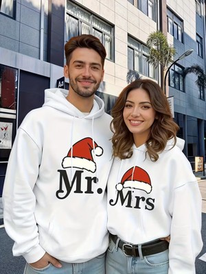 Nevermind Mr Mrs Çift Hoodie– Noel Şapkalı Sevgili Kombin Kapüşonlu Sweatshirt Unisex Oversize