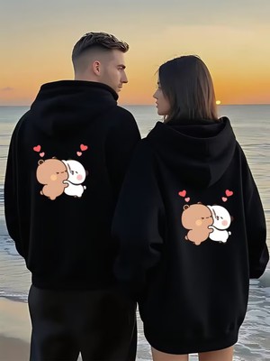 Nevermind Romantik Çift Sweatshirt Sevimli Ayıcık Desenli Oversize Kapüşonlu Hoodie 2'li Set