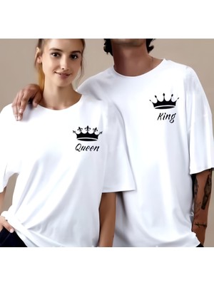 Nevermind Unisex Kadın Erkek King&queen Baskılı Sevgili Çift Kombini Tasarım Oversize T-Shirt 2'li Set
