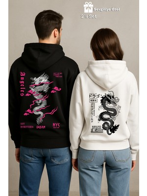 Nevermind Sevgili Çift Kombin Ejderha Baskılı Hoodie Unisex Oversize Kapüşonlu Sweatshirt 2’li Set 3 Iplik
