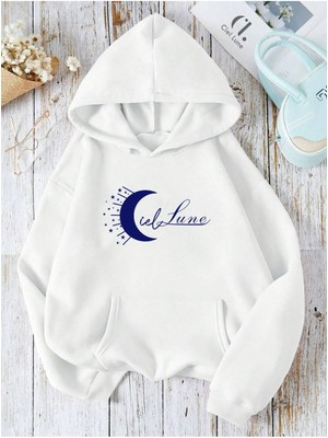 Nevermind Unisex Ciel Lune Baskılı Oversize Baskılı Kapşonlu Sweatshirt 3 Iplik