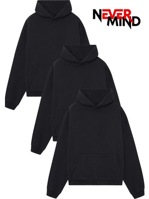 Nevermind 3'lü Düz Basic Kalın Kışlık Sweatshirt - Siyah Beyaz Duman Gri Oversize Kapüşonlu