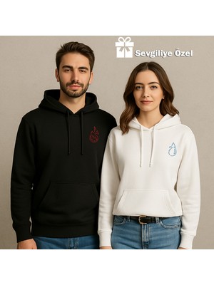 Nevermind Sevgili Çift Kombin Ateş ve Su Baskılı Hoodie –unisex Oversize Kapüşonlu Sweatshirt 2’li Set 3 Iplik