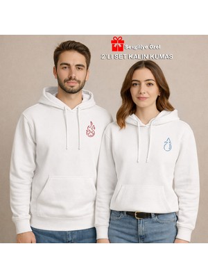 Nevermind Sevgili Çift Kombin Ateş ve Su Baskılı Hoodie –unisex Oversize Kapüşonlu Sweatshirt 2’li Set 3 Iplik