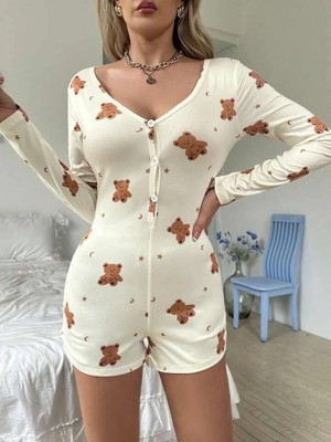 Moda Şahsenem Pamuklu Ekru Ayıcık Desenli Düğmeli Tulum Pijama