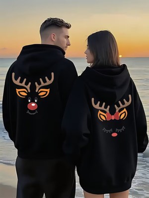 Nevermind Sevgili Çift Kombin Hoodie – Geyik Baskılı Çift Kapüşonlu Sweatshirt Unisex Oversize 2'li Set