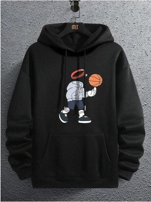 Nevermind Unisex Basketbol Karikatür Grafik Kanguru Cep Ipli Termal Kapşonlu Oversize 2 Iplik