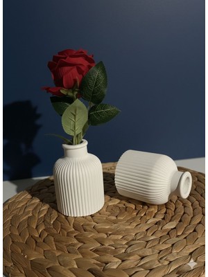 2’li Dekoratif Seramik Vazo Seti Beyaz – Çizgili Mini Vazo Masa Üstü Ev Aksesuarı