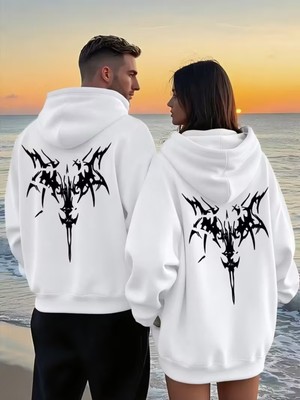 Nevermind Sevgili Çift Kombin Trend Baskılı Kapüşonlu Sweatshirt 2li Set Takım 3 Iplik