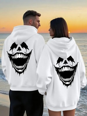 Nevermind Sevgili Kombini Oversize Hoodie – Korku Gülüşü Baskılı 3 Iplik Unisex Sweatshirt 2'li Set