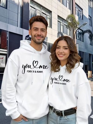 Nevermind Sevgili Çift Kombini Sevimli You Love & Always Kapüşonlu Sweatshirt 2li Set Takım 3 Iplik Pamuk