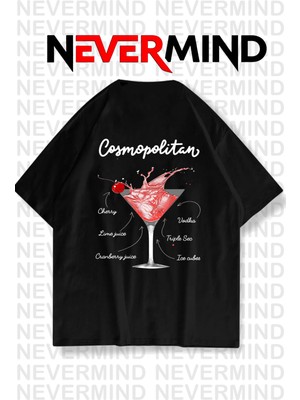 Nevermind Kadın Oversize Pamuk Tişört - Cosmopolitan Kokteyl Desenli