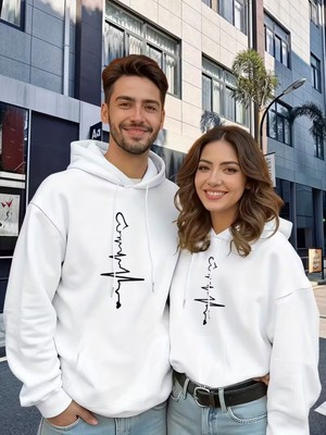 Nevermind Sevgili Çift Kombini 2’li Kalp Atışı Desenli Unisex Sweatshirt – Minimal Aşk Tasarımı