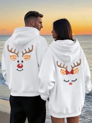 Nevermind Sevgili Çift Kombin Hoodie – Geyik Baskılı Çift Kapüşonlu Sweatshirt Unisex Oversize 2'li Set