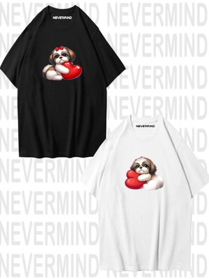 Nevermind Sevgili Kombini Sevimli Köpek ve Kalp Baskılı Oversize Unisex Çift Tişörtü