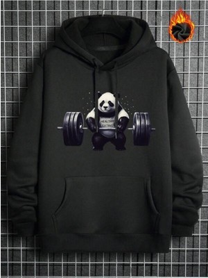 Nevermind Unisex Sporcu Panda Baskılı Ipli Kapüşonlu Oversize 2 Iplik