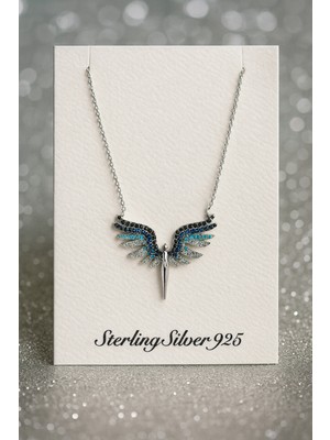 Aura925 Aura 925 Ayar Gümüş Lacivert Mavi Taşlı Melek Kanadı Kolye