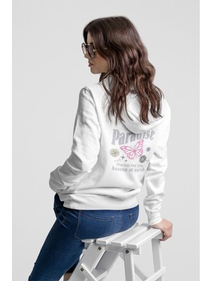 Nevermind Kadın Kapüşonlu Sweatshirt Paradise Yazı ve Kelebek Desenli Oversize Hoodie