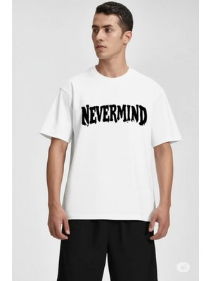 Nevermind Unisex Oversize Tişört – Ön Yazı ve Arka Şehir Manzaralı Kırık Cam Baskı