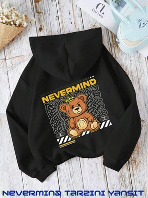 NEVERMIND Unisex Nevermind Bear Baskılı Oversize Baskılı Kapşonlu Sweatshirt 3 Iplik