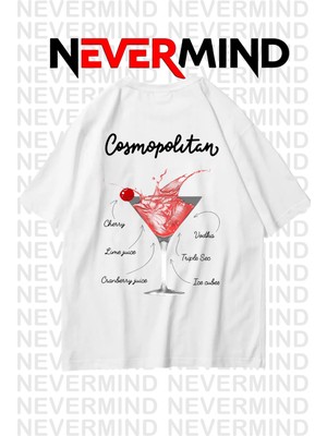 Nevermind Kadın Oversize Pamuk Tişört - Cosmopolitan Kokteyl Desenli