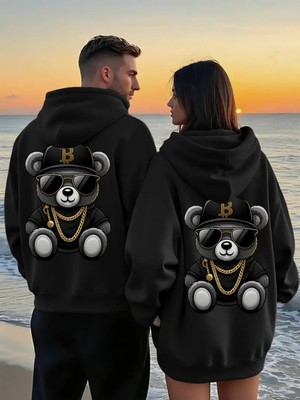 Nevermind Sevgili Kombini Oversize Hoodie – Cool Ayıcık Baskılı 3 Iplik Sweatshirt Unisex 2'li Set