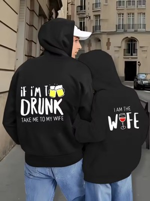 Nevermind Sevgili Çift Kombin Drunk&wife Baskılı Renk Kapüşonlu Sweatshirt 2li Set Takım 3 Iplik Pamuk
