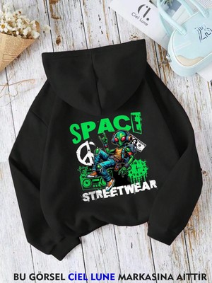 Nevermind Unisex Space Wear Baskılı Oversize Baskılı Kapşonlu Sweatshirt 3 Iplik