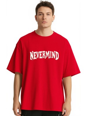 Nevermind Unisex Oversize Tişört – Ön Yazı ve Arka Şehir Manzaralı Kırık Cam Baskı