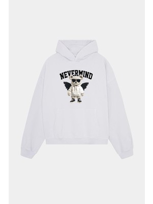 Nevermind Trendy Oversize Beyaz Kapüşonlu Sweatshirt – Koleksiyon