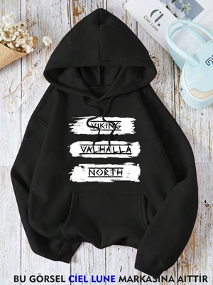 Nevermind Unisex Vıkıng Valhala Baskılı Oversize Baskılı Kapşonlu Sweatshirt 3 Iplik