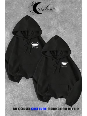 Nevermind Sevgili Çift Kombin King And Queen Baskılı Özel Tasarım Kapüşonlu Sweatshirt 2li Set Takım
