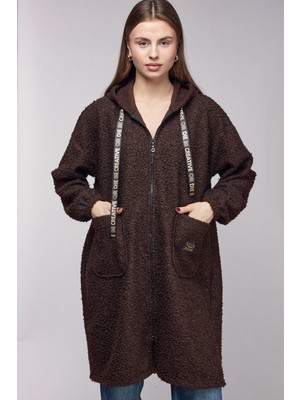 Saade Kahverengi Oversize Kapüşonlu Fermuarlı Peluş Uzun Hırka 2xl
