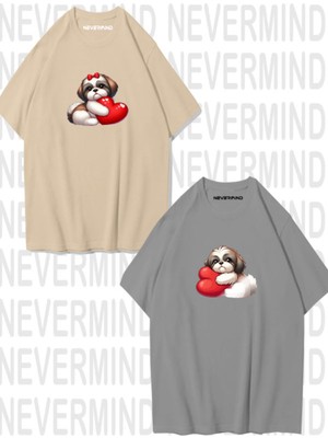 Nevermind Sevgili Kombini Sevimli Köpek ve Kalp Baskılı Oversize Unisex Çift Tişörtü