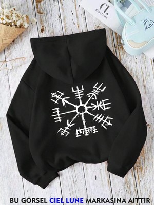Nevermind Unisex  Viking Pusula Vegvisir Baskılı Oversize Baskılı Kapşonlu Sweatshirt 3 Iplik