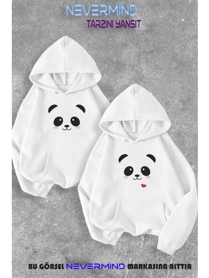 Nevermind Sevgili Çift Kombini Panda Baskılı Kapüşonlu Sweatshirt 2li Set Takım