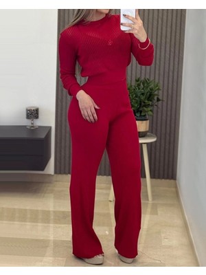 Pilelistore- Kadın Uzun Kollu Yuvarlak Yaka Transparan Detaylı Triko Bluz ve Pantolon Ikili Takım