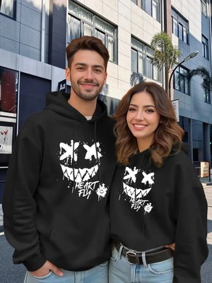 Nevermind Sevgili Kombini Oversize Hoodie – Heart Fly Gülüş Baskılı 3 Iplik Unisex Sweatshirt 2'li