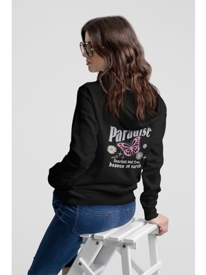 Nevermind Kadın Kapüşonlu Sweatshirt Paradise Yazı ve Kelebek Desenli Oversize Hoodie