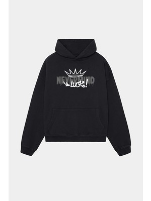 Nevermind Unisex Beyaz Kapüşonlu Sweatshirt - Luck Baskılı Oversize Hoodie