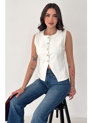 Noa Noa Kadın Altın Düğme Detaylı Kolsuz Bluz – Button Edge