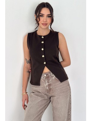 Noa Noa Kadın Altın Düğme Detaylı Kolsuz Bluz – Button Edge